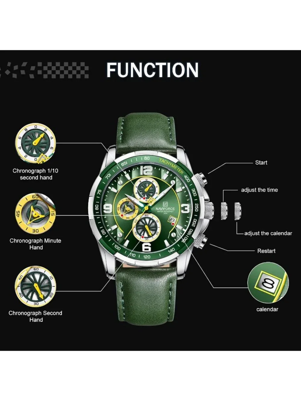 Men's Green Analog Quartz Chronograph Leather Strap Sport Fashion Wrist Watch